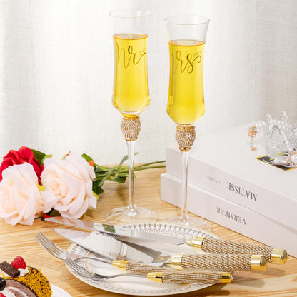 VARLKA Wedding Cake Knife and Server Set, Gold Cake Cutting Set for Wedding, Mr and Mrs Champagne Flutes for Bridal Shower Gifts Engagement Gifts for Couples