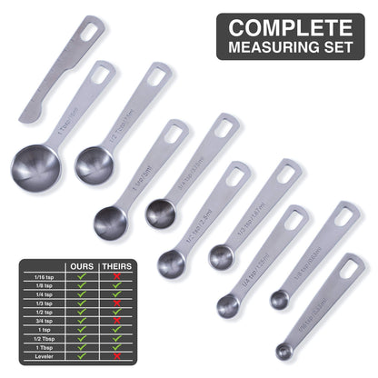 BALCI - 9 Measuring Spoons, Heavy Duty 18/8 Premium Stainless Steel Measuring Spoons Set, Spoons with US and Metric Measurements, Set of 9 + Leveler, Measuring tools for Dry and Liquid Ingredients