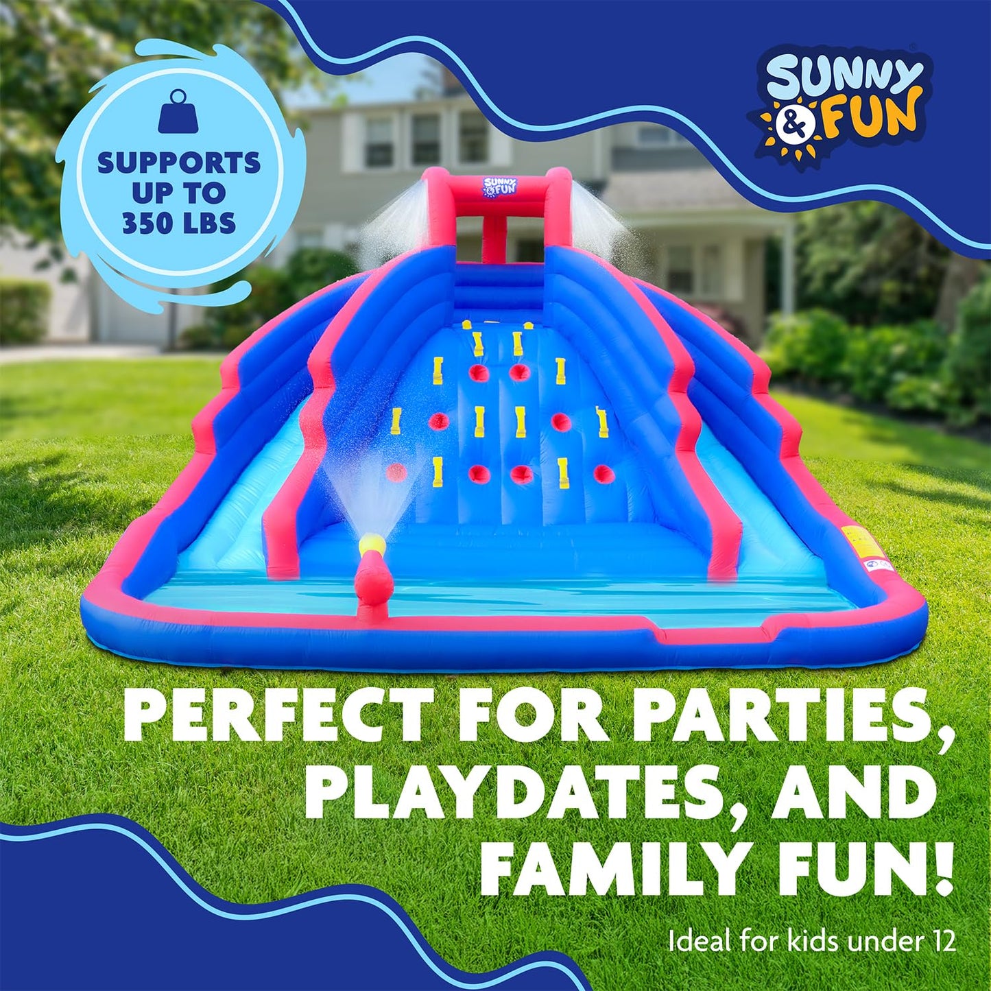 Sunny & Fun Ultra Climber Inflatable Water Slide Park – Heavy-Duty for Outdoor Fun - Climbing Wall, Two Slides & Splash Pool – Easy to Set Up & Inflate with Included Air Pump & Carrying Case