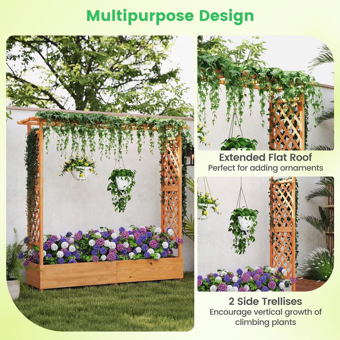 Giantex Set of 2 Raised Garden Bed with Trellis & Hanging Roof, Wood Planter Box with Bottom and Drainage Holes, Freestanding Garden Planter for Flower Vegetable Fruit Herb Climbing Vines, 77"x17"x70"