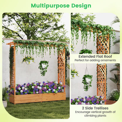 Giantex Set of 2 Raised Garden Bed with Trellis & Hanging Roof, Wood Planter Box with Bottom and Drainage Holes, Freestanding Garden Planter for Flower Vegetable Fruit Herb Climbing Vines, 77"x17"x70"