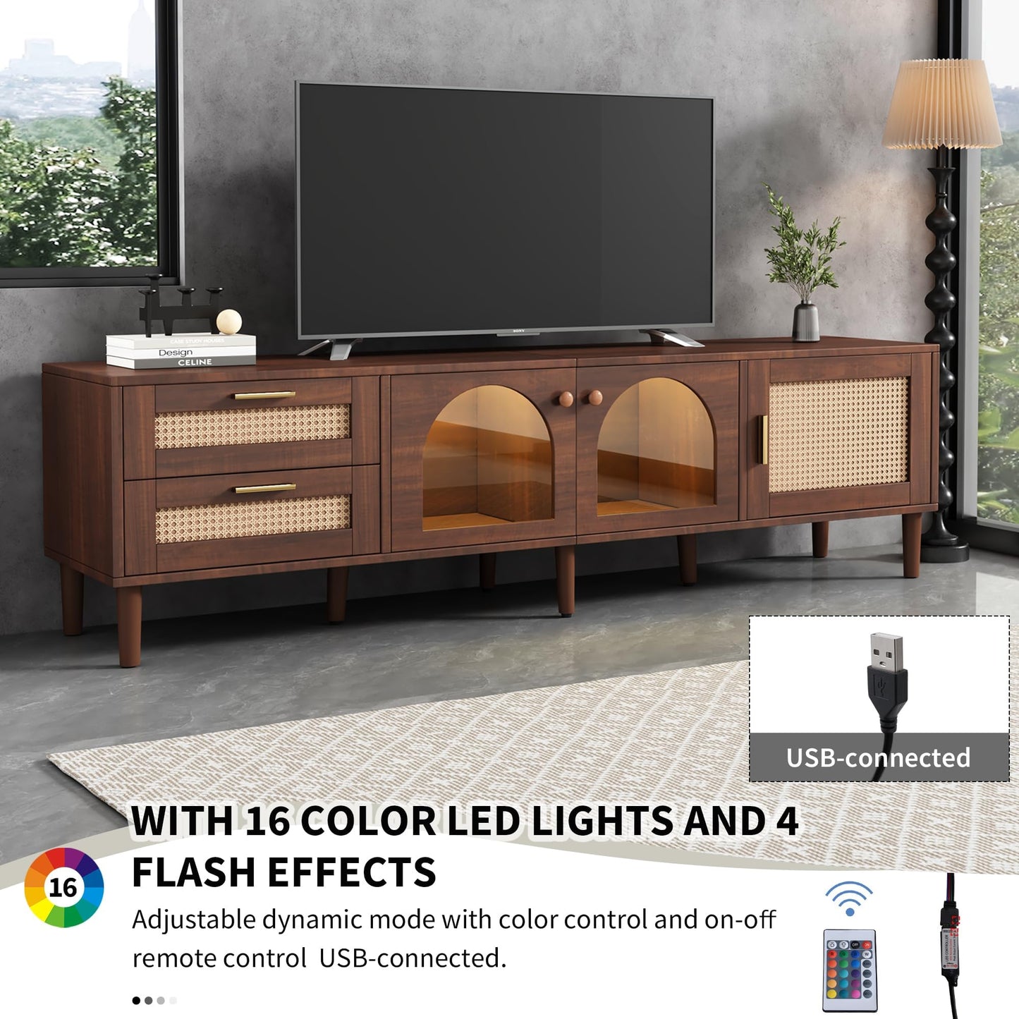 Ball & Cast Rattan TV Stand for TVs up to 80",Modern Entertainment Center with LED Light and 2 Drawers & 3 Doors,TV Media Console w/Storage Cabinets and Solid Wood Legs for Living Room,Dark Brown