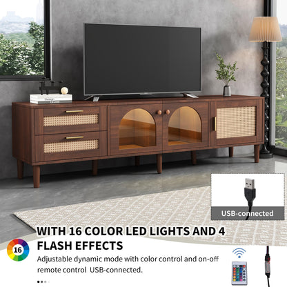 Ball & Cast Rattan TV Stand for TVs up to 80",Modern Entertainment Center with LED Light and 2 Drawers & 3 Doors,TV Media Console w/Storage Cabinets and Solid Wood Legs for Living Room,Dark Brown