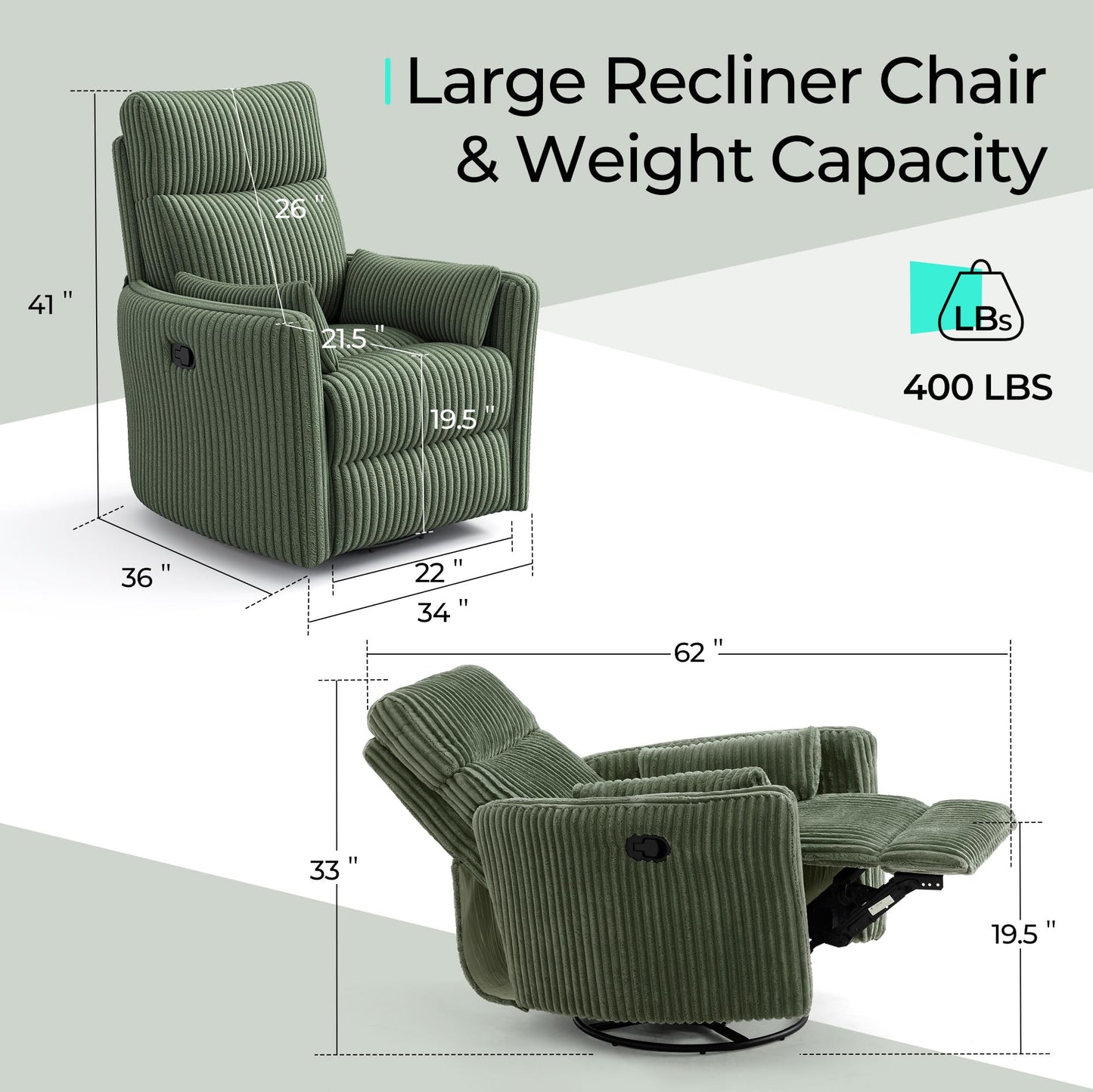 LINSY 360 Swivel Recliner Chair, Nursery Glider Rocking Chair with 2 Pillows, Corduroy Nursing Chair Comfy High Back Adult Rocker Recliner for Small Spaces, Nursery Bedroom Living Room (Green)