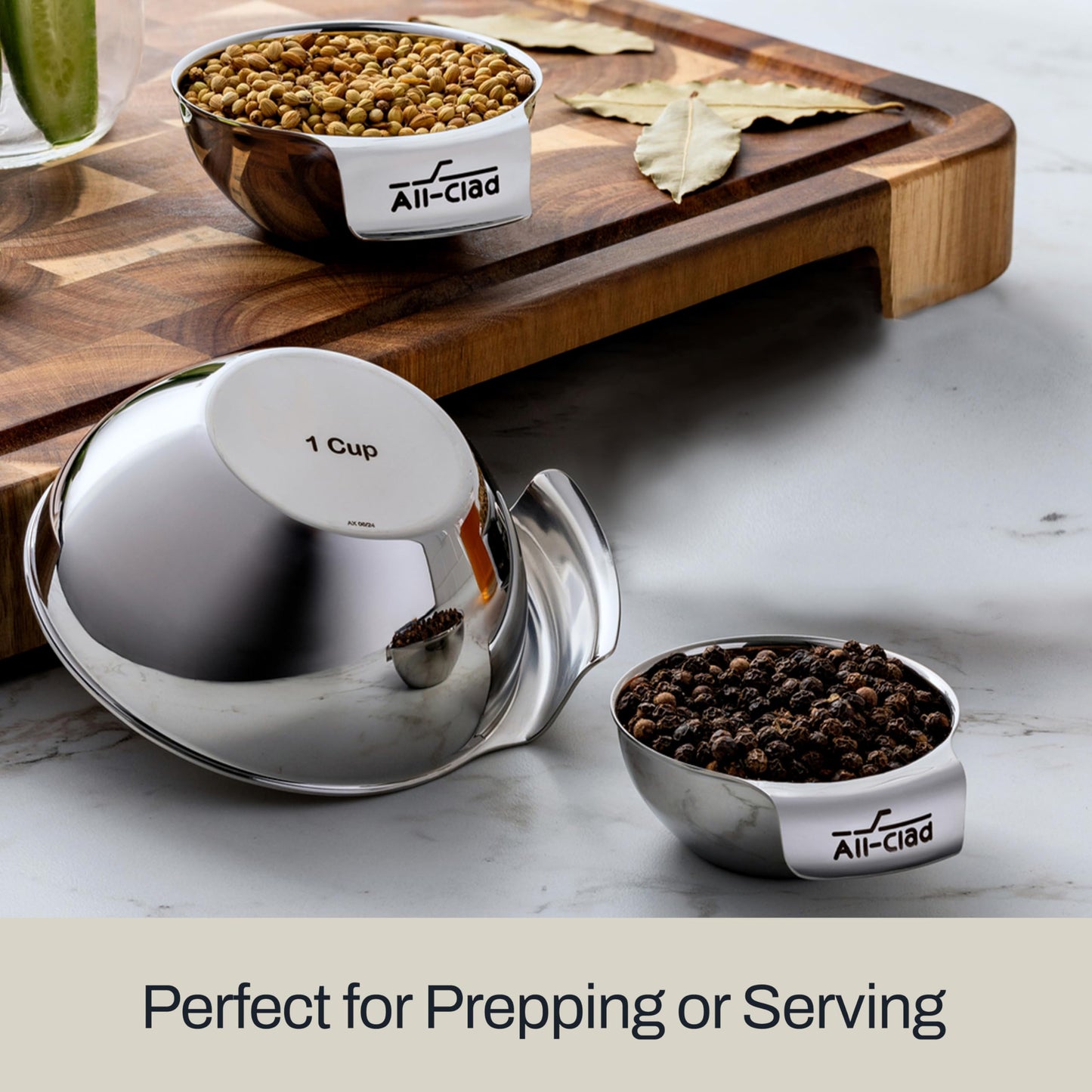 All-Clad Kitchen Essentials Stainless Steel Mini Measuring Bowl Set 3 Piece, Includes 1, 1/2 and 1/4 Stackable Measuring Cups, Gadgets for Cooking & Baking, Cookware Tools, Dishwasher Safe, Silver