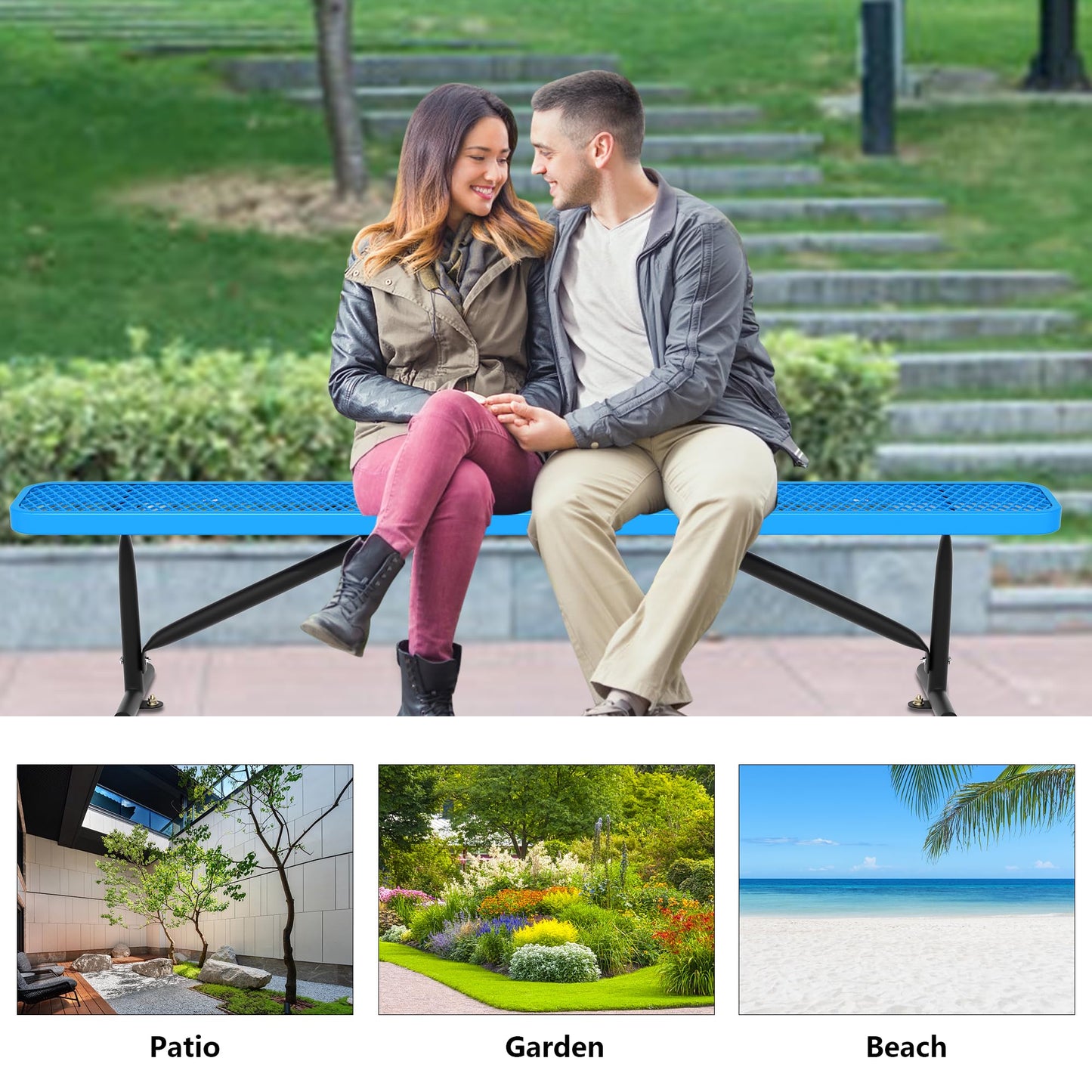 Sunnibety 8 Feet Heavy Duty Metal Park Bench for Outside, Outdoor Bench with Portable Frame, Commercial Benches for Shopping Mall, Store, Park, Patio, Deck, Blue
