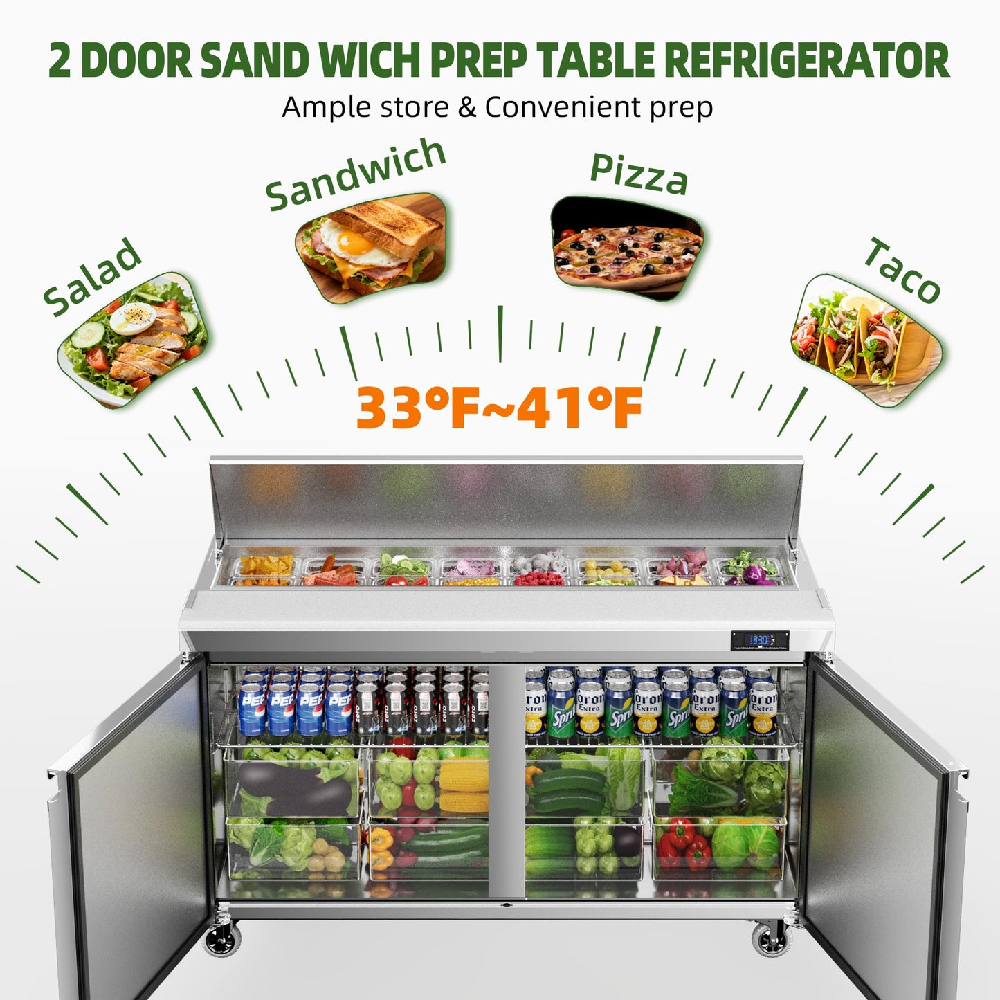 Coolake 60" W 2 Door Commercial Refrigerator Salad Sandwich Prep Table, Stainless Steel 18 Cu.ft Counter Fan Cooling Refrigerator with 16 Pans Restaurant Bar Food Truck, ETL DOE