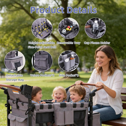 Stroller Wagon for 4 Kids, 4 Seater Wagon Stroller with Snack Tray, Large Storage Bag, Phone Cup Holder, Removable Canopy, Foldable Wagon Stroller 4 Seater with Adjustable Push Handles (Grey)