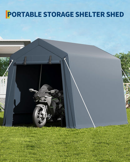 7 x 10 Ft Carport Portable Storage Shed Outdoor Tarp Sheds with Roll-Up Door, Bike Shed ATV Storage Tent for Motorcycle, Car, Garden Tools Grey