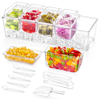 Lifewit Taco Bar Serving Set for Party with 5 x 20 oz Containers & Components, Ice Chilled Condiment Caddy Organizer, Garnish Serving Tray Platter for Mimosa Bar Accessories, Fruit, Salad, Food