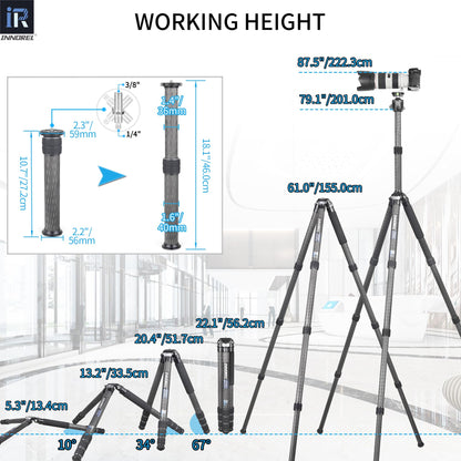 INNOREL KT404C Compact 10-Layer Carbon Fiber Camera Tripod 40mm Big Tube Professional Tripod for Digital DSLR Video Camcorder Heavy Duty Camera Stand Load 77lb/35kg with Center Column