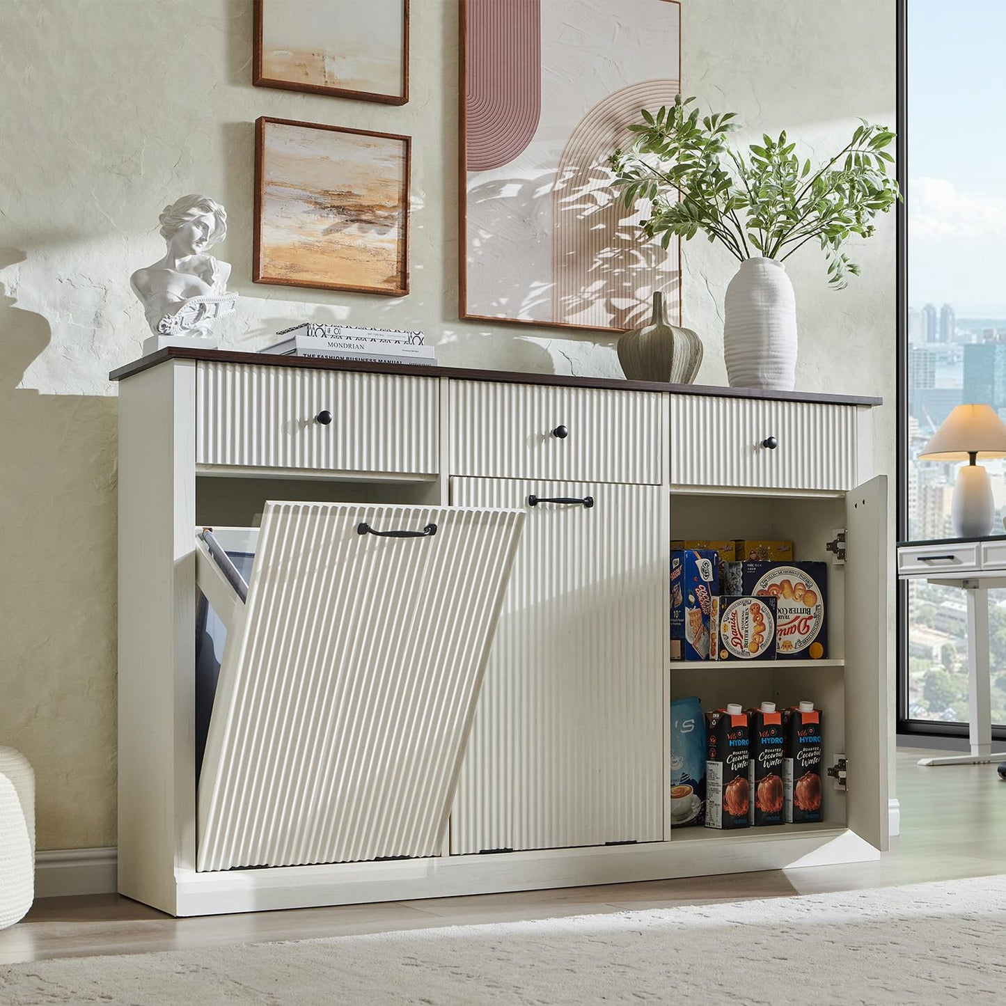 IFGET Triple Tilt Out Trash Can Cabinet, Modern Fluted Laundry Hamper Cabinet with 3 Drawers, 20 Gallon Hidden Wooden Garbage Can Cabinet w/Storage Basket & Adjustable Shelf, for Kitchen, White