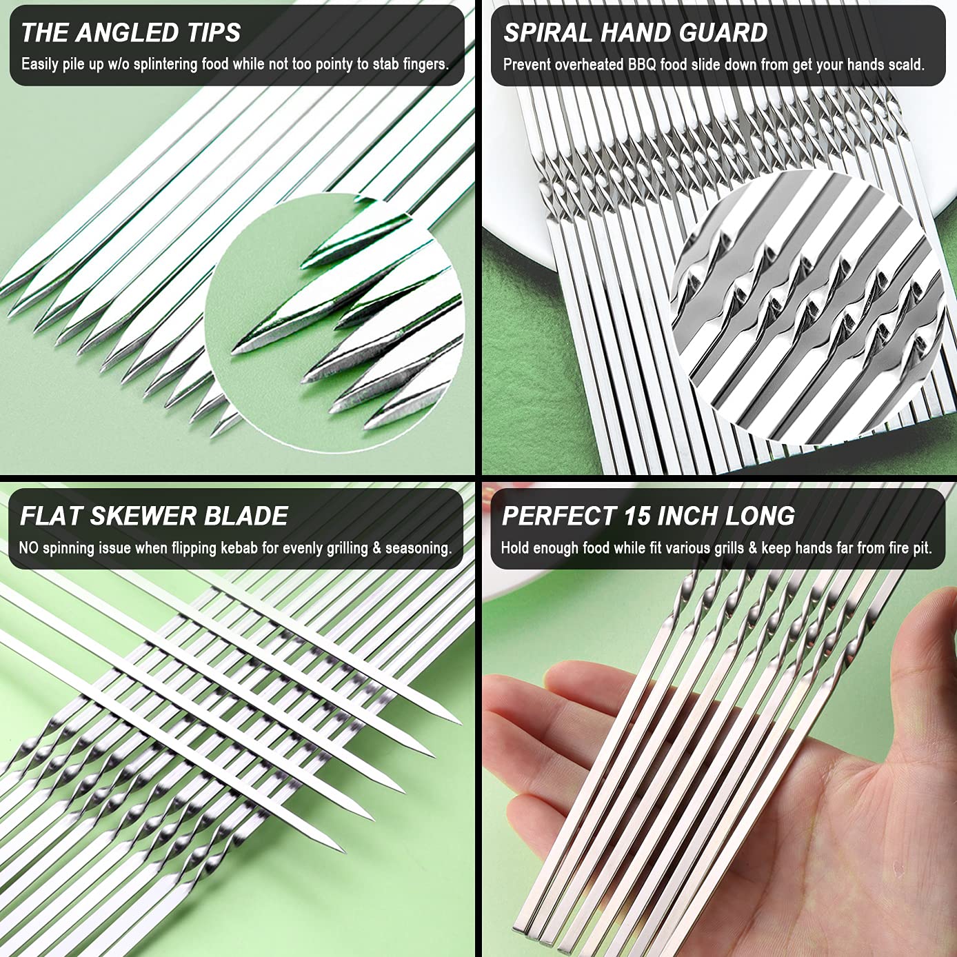 CenterZ 30 Pack Kebab Skewers, 15" Long Flat Stainless Steel BBQ Shish Kabob Skewers with Portable Metal Storage Tube, Reusable Meat Sticks Set for Grilling, Marshmallow, Vegetable, Shiskabob Barbecue