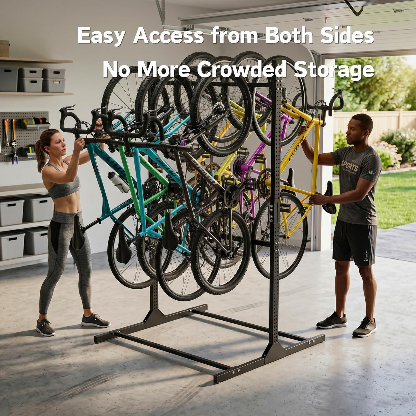 Freestanding Bike Storage Rack for 8 Bikes Heavy Duty Adjustable Bike Rack for Garage Organization & Storage Bike Rack with Hooks for Helmets and Accessories for Road, Mountain & Hybrid Bicycles