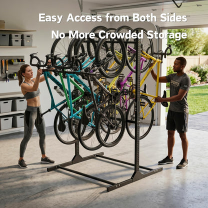 Freestanding Bike Storage Rack for 8 Bikes Heavy Duty Adjustable Bike Rack for Garage Organization & Storage Bike Rack with Hooks for Helmets and Accessories for Road, Mountain & Hybrid Bicycles