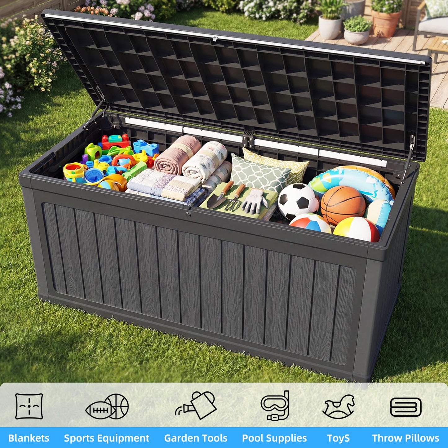 KDYMOD 320 Gallon Outdoor Storage Deck Box, Waterproof Resin Deck Boxes with Handle & Lockable for Patio Furniture, Garden & Pool Tools -Swimming Pool, UV Resistant, Black (320)