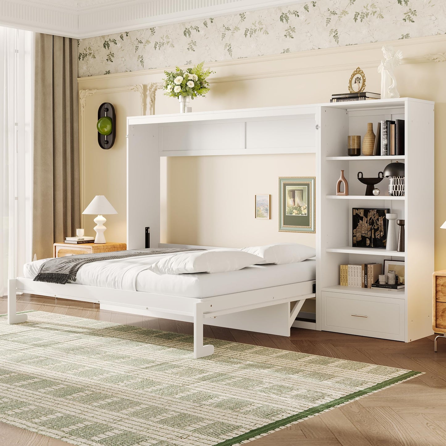Murphy Bed Queen,Murphy Bed with Height Adjustable Storage Compartments and Shelf,Wall Bed Frame w/ 1 Drawer, Multifunctional Foldable Platform Bed for Bedroom,Guest Room,White
