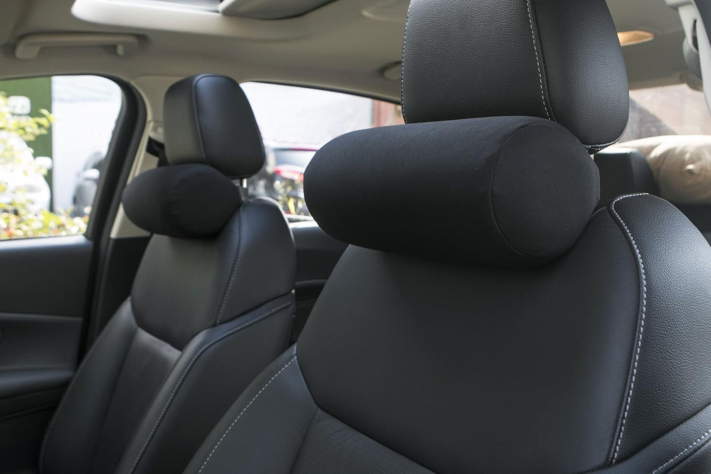 ALIBO Memory Foam Car Neck Pillow with Adjustable Strap, Soft Auto Cervical Round Roll Bolster Headrest, Black, 1 Piece