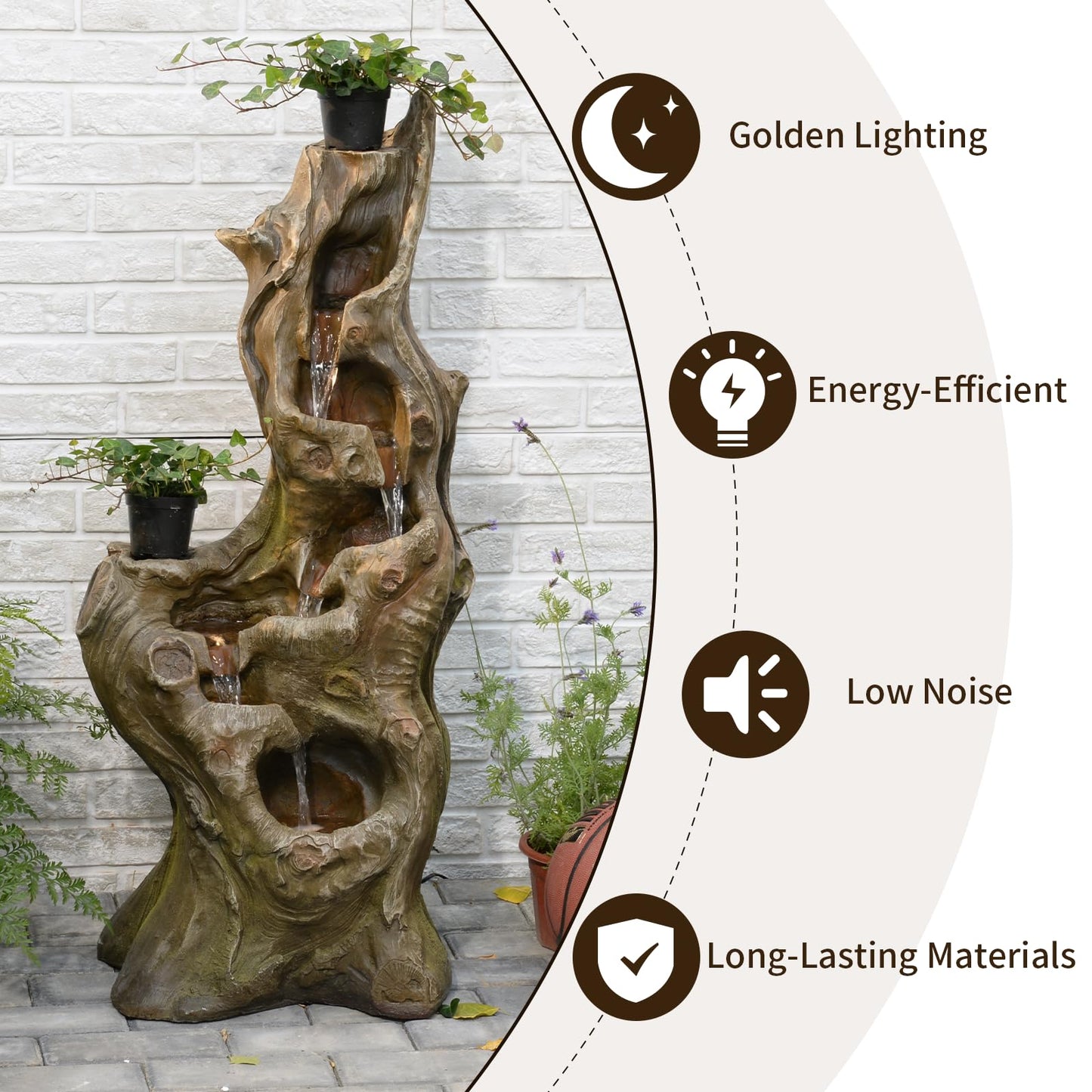 Sunlinua Water Fountain Outdoor 5-Tiers Large Cascading Realistic Tree Trunk Natural Waterfall Outdoor Fountains Resin Imitation Wood with LED Lights for Garden, Patio, Porch