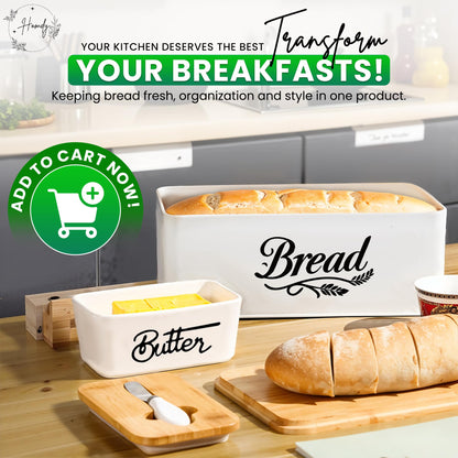 HOMDY, Bread Box for Kitchen Countertop, Bamboo Bread Bin with Cutting Board Lid, Ceramic Butter Dish with Lid & Knife, Bread Holder for Homemade Bread, Bread Storage, White Bread Box
