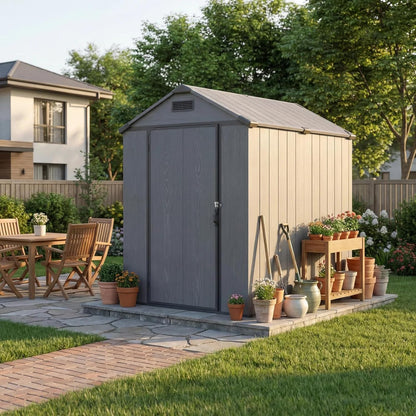 Patiowell 4x6 FT Plastic Outdoor Storage Shed with Floor, Resin Outside Shed with Lockable Door and Vents, Garden Sheds for Backyard, Patio, Lawn Mower, Dark Grey