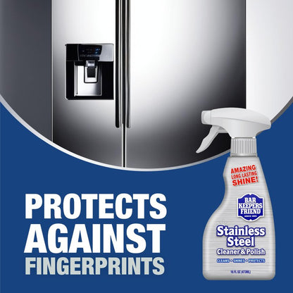 Bar Keepers Friend Stainless Steel Cleaner and Polish Spray (16 oz) Plus 1 Microfiber Cleaning Cloth, 2pc Cleaning Kit to Remove Oily Fingerprints, Grime and Food Debris without Dulling Surfaces
