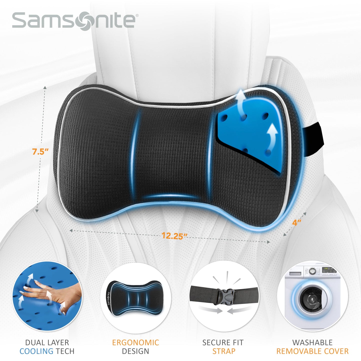 Samsonite Neck Pillow for Car – Ergonomic Memory Foam Headrest Cushion – Car Seat Support for Driving Comfort – Compact Neck Rest – Travel Pillow for Long Road Trip, Black