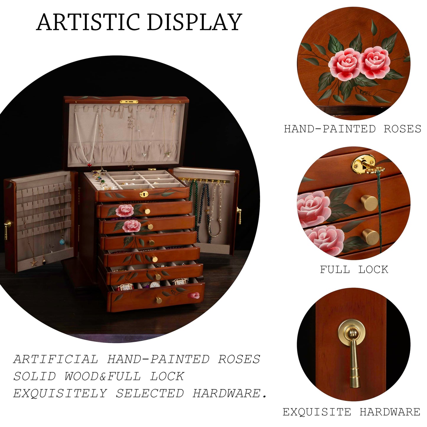 Xloverise Hand-Painted Wooden Jewelry Box,jewelry boxes for women，jewlrey box&organizers with necklace hanger,jewerly organizer,10-layer large capacity jewelry storage box for jewelry