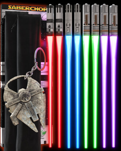 LIGHTSABER CHOPSTICKS LIGHT UP STAR WARS CHOPSTICK LED Glowing Light Saber Chop Sticks REUSABLE Sushi Sabers Cool Fun Geeky STARWARS Chop Stick Set 4 PAIRS FREE Keychain Bottle Opener & Pouch Gift Box