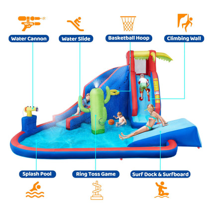 Yaheetech Inflatable Water Slide, Blow Up Water Slide Park Castle for Kids Aged 3-10 w/Splash Pool, Water Cannon, Ring Toss, Basketball, Surfboard and Climbing Wall, Water Slide with 520W Blower