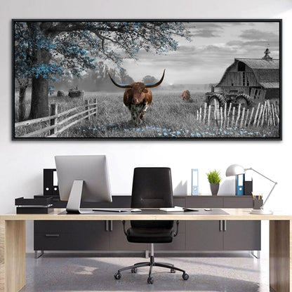 yiijeah Rustic Wall Art - Western Home Decor Cow Picture 86x39 Inches Extra Large Rustic Longhorn Living Room Bedroom Canvas Framed Artwork Farmhouse Wall Decor