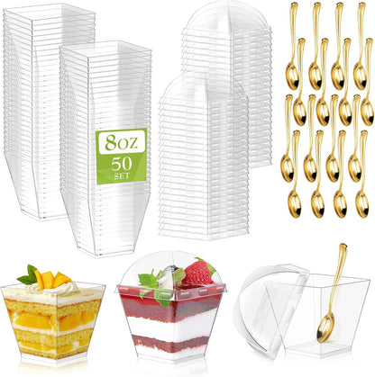 150 Pack 8oz 50, Square Plastic Dessert Cups with Dome Lids and Mini Gold Spoons, Clear Yogurt Parfait Cups Serves