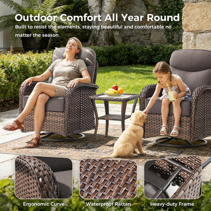 Luxury Outdoor Swivel Rocker Patio Chairs with 6-Inch Thick Cushions, High Back Swivel Glider Patio Chairs, 3PCS Wicker Outdoor Furniture Set for Porch, Patio, Yard, Deck, Poolside, Brown/Grey