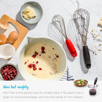 Dreamfarm Mini Flisk 3-in-1 Fold-Flat, Space-Saving Baking & Cooking Balloon Whisk, Sauce Whisk & Flat Deglazing Whisk, Stainless Steel - 9" Red