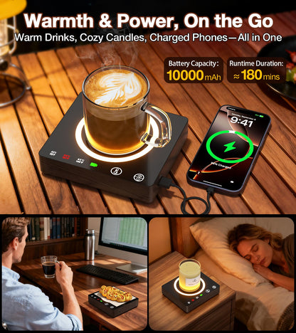 Mug Warmer, Cordless 180 Min Battery Life, 10000mAh Portable Charger, Wireless Coffee Cup Warmer for Desk, 3 Temp Settings, Smart Candle Heat Plate for Home, Office, Travel, Camping & Gifts for Men