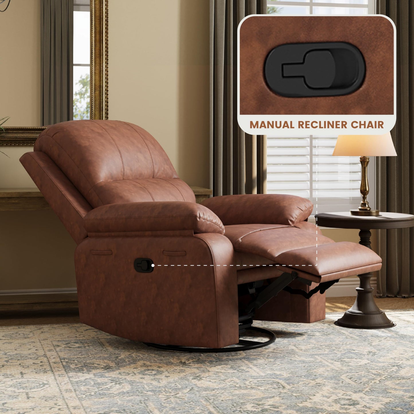 Attalee Leather Swivel Rocker Recliner Chair, Traditional Manual Chair, Upholstered Nursery Glider Rocking Recliner, Comfy Faux Leather Single Sofa with Pocket Spring for Living Room, Camel