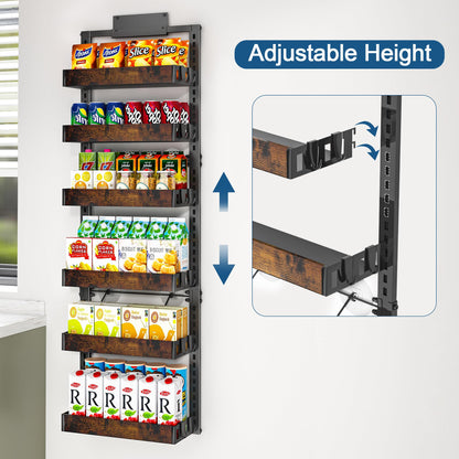 BUKFEN 6-Tier Over the Door Pantry Organizer, 2-in-1 Door Hanging or Wall Mounted Spice Rack, Heavy Duty Metal Storage Shelves with Adjustable Wooden Baskets for Kitchen Bathroom Closet