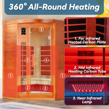 WOODBRIDGE Infrared Sauna Room 2 Person Japanese Cedar Indoor Corner Sauna with 7 Carbon Heaters, Red Light Therapy,Bluetooth Speaker,Intelligent Dual Control System,Tempered Glass,Exterior Brim Light