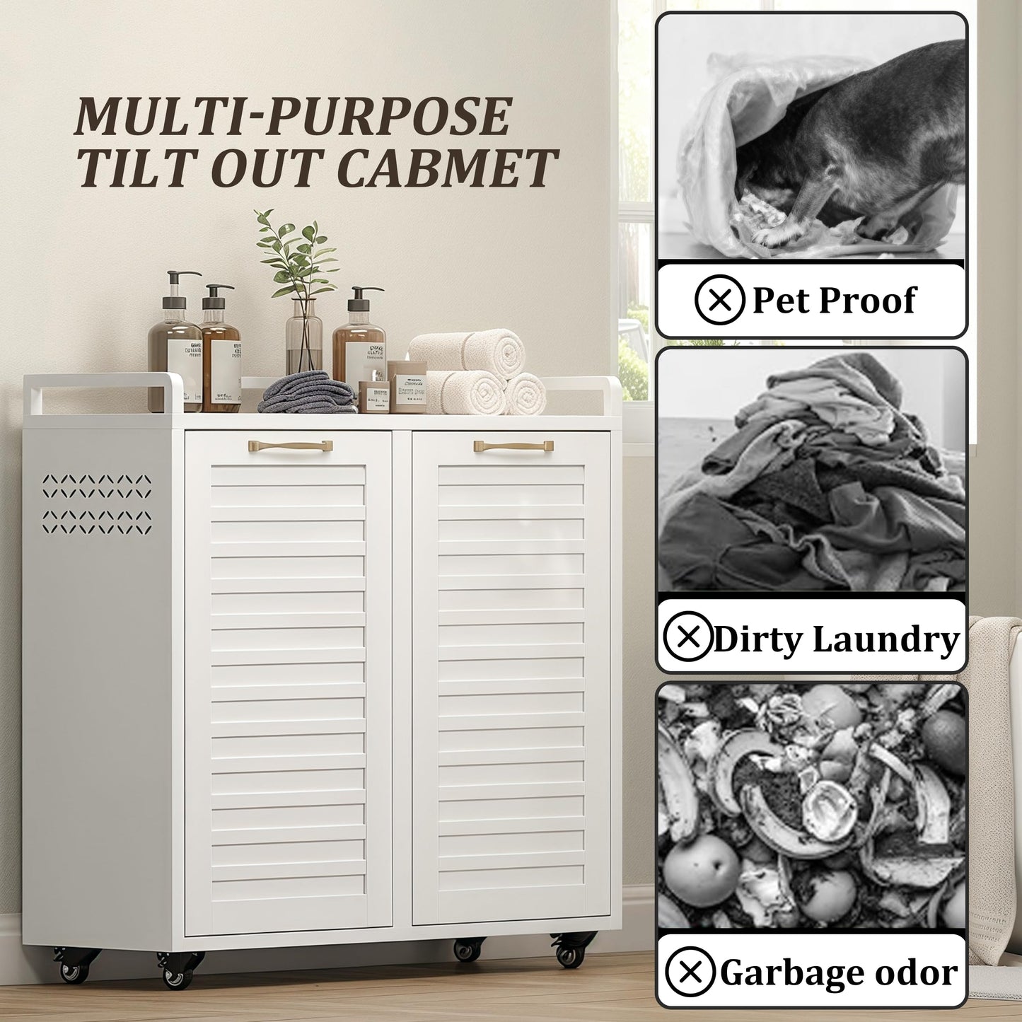 100L Dual Laundry Hamper with Wheels, Metal Rolling Laundry Cabinet with 2 Compartments and Removable Bags, Hidden Design