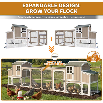 Large Outdoor Chicken Coop with Run & Wheels, 95.3" Wooden Hen House for 3–6 Chickens, 3-Compartment Nesting Box (2 Dividers), Pull-Out Tray, UV-Resistant Roof, Predator-Resistant Wire Mesh