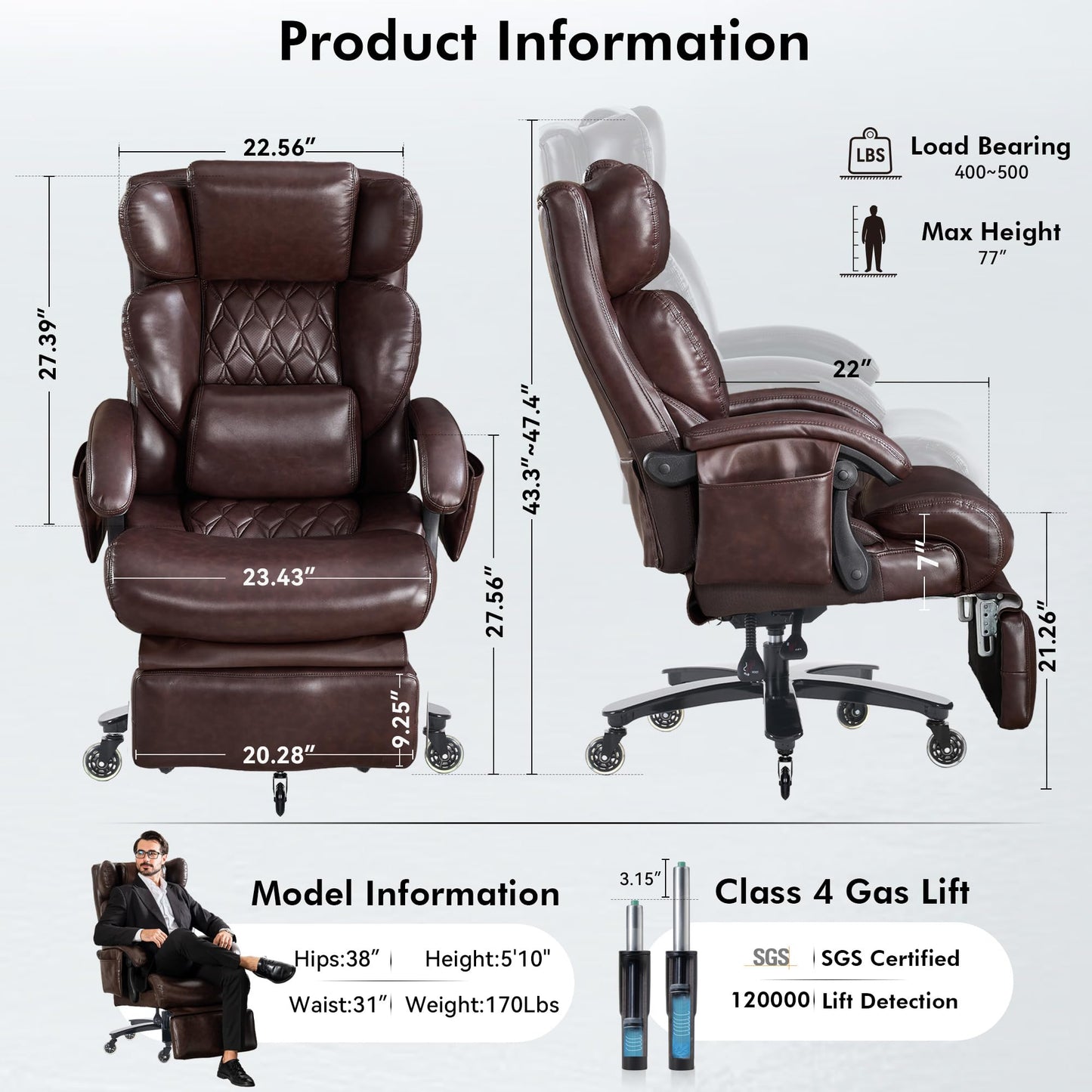 Big and Tall Ergonomic Office Chair with Footrest, Massage Cushion, Heavy Duty Lumbar Support Executive Desk Chair with Adjustable Headrest, High Back Reclining Computer Chair 500lbs, Leather, Brown