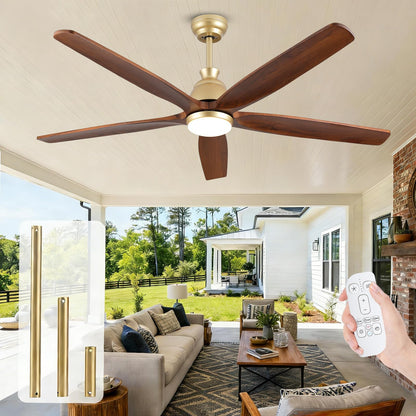 YZEENM 60 Inch Ourdoor Gold Ceiling Fan with Light, 5 Walnut Wood Blade Damp-Rated, Indoor Exterior High CFM Propeller for Patio Farmhouse, 6 Speeds Quiet Reversible DC Motor, for Living Room Porch