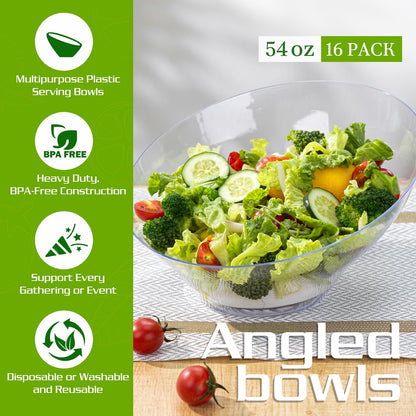 Liacere 54 OZ Clear Plastic Serving Bowls - 16PCS Angled Serving Bowls - Disposable Bowl for Candy Chip - Party Table Salad and Fruit，Can be Used Weddings and Gatherings＆ New Year