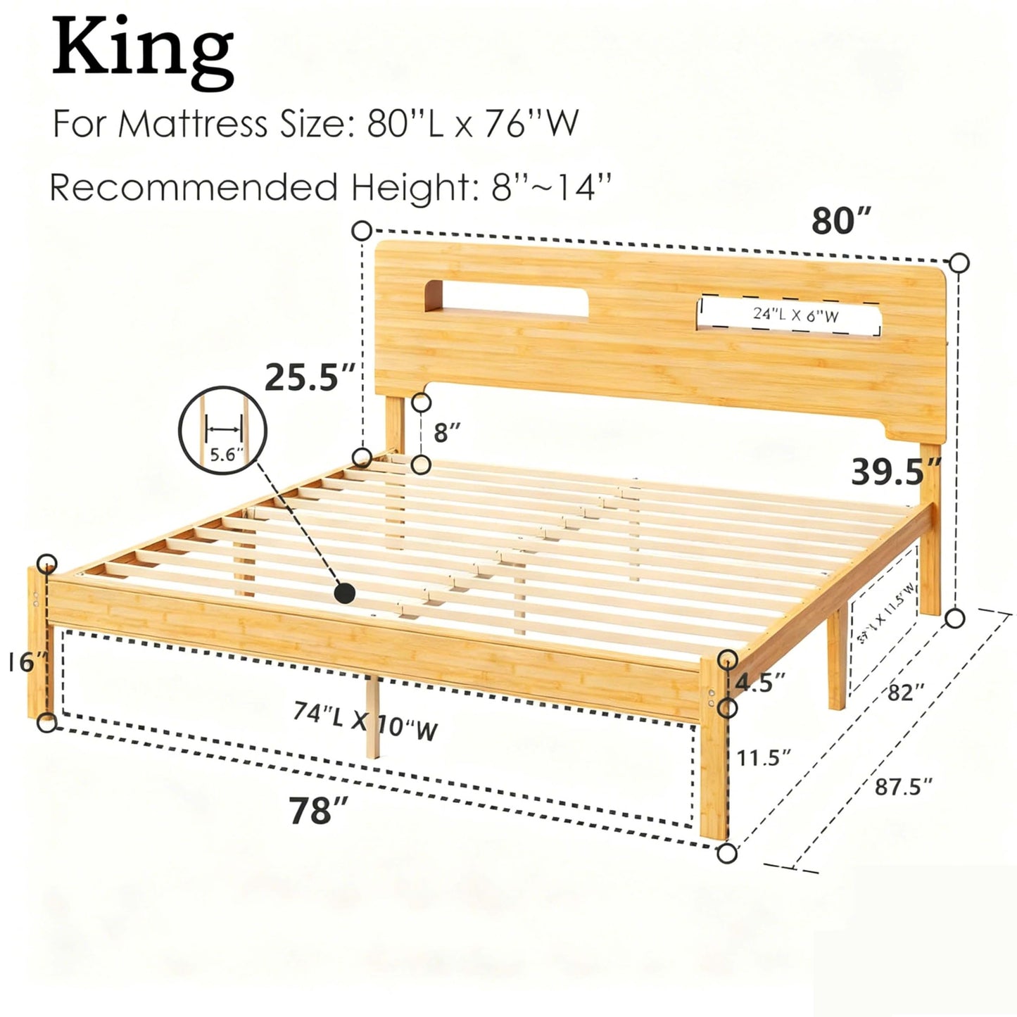 ZIYOO Bed Frame King Size with Storage 14 Inch Heavy Duty Bamboo Bed Frame No Box Spring Needed Easy Assembly No Noise