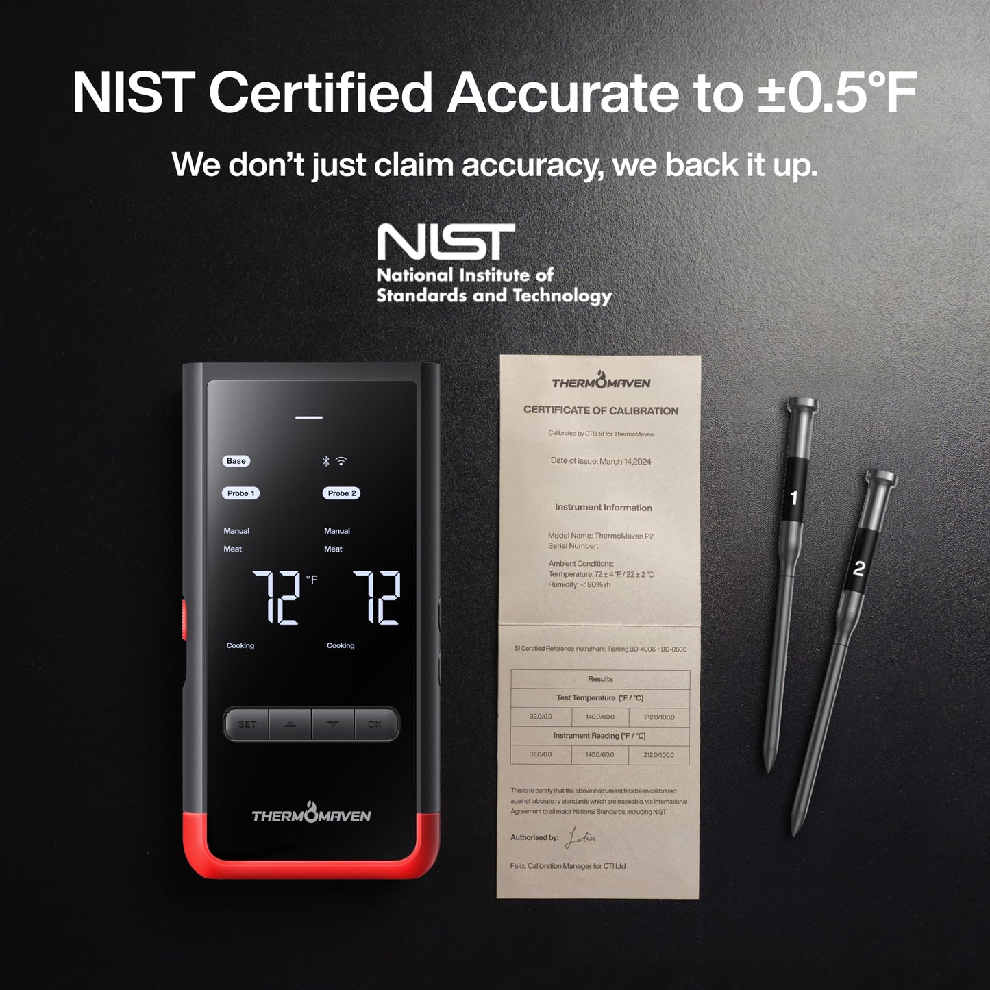 ThermoMaven Smart Bluetooth Wireless Meat Thermometer: Standalone Base, WiFi Unlimited Range, 6 Sensors with NIST Certified Accuracy, 2 Probes for Kitchen, BBQ, Grill, Oven, Smoker, Rotisserie
