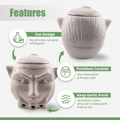 Kwirkworks Spooky Dracula Garlic Pot - Unique Ceramic Container with Three Ventilation Holes for Fresh Garlic Storage