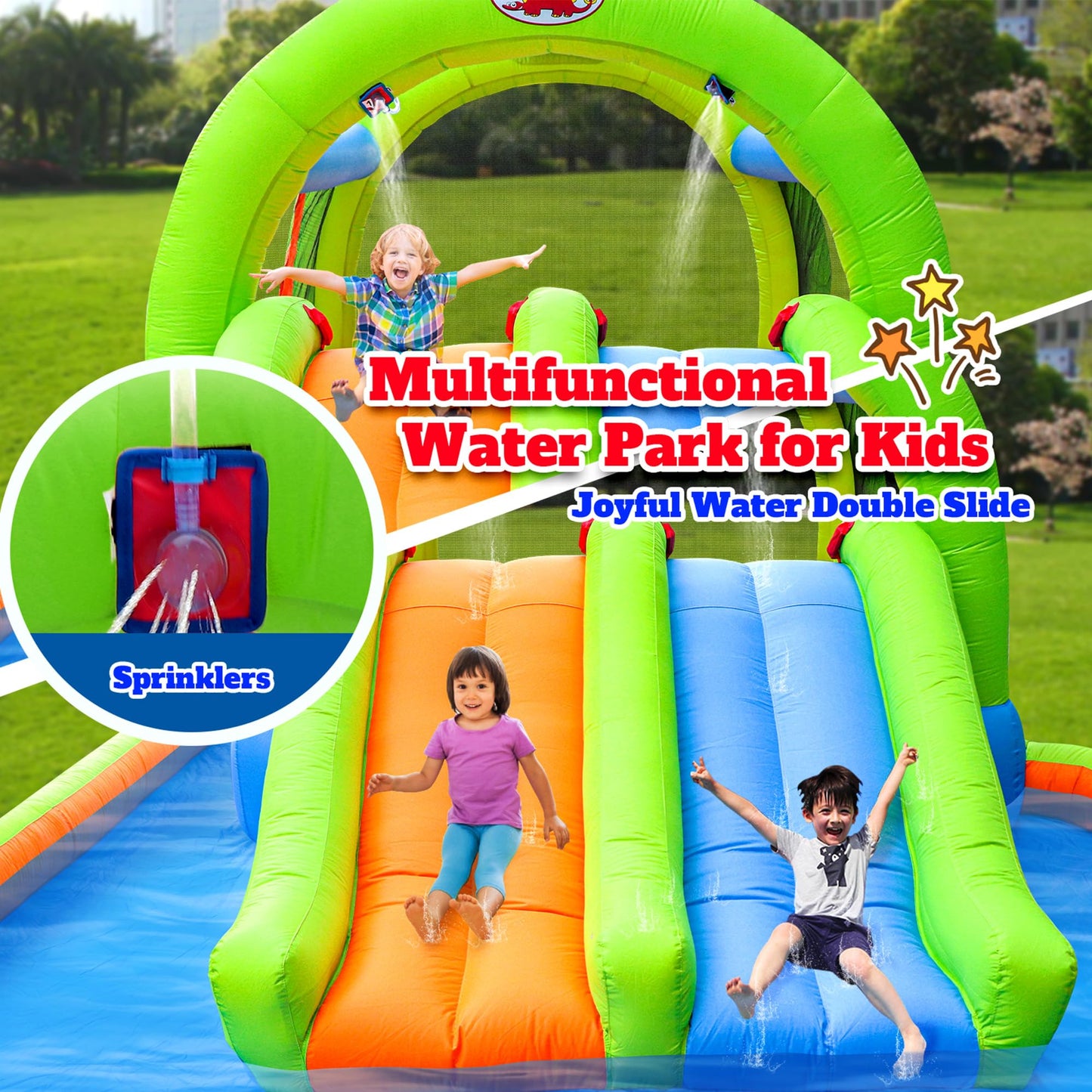 WELLFUNTIME Inflatable 2-in-1 Water Slide Bouncy Castle with Blower, Jumping House with Double Slide & Basketball Ring for Kids, Jumping Area for 3 Kids