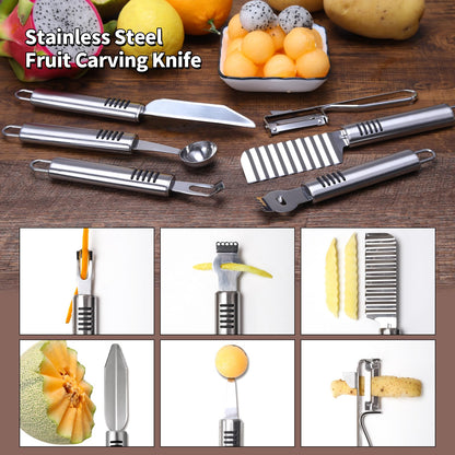 BURLIHOME Stainless Steel Fruit Carving Knife Set, 6 Pack Vegetable Engraving Blades for Kitchen, Melon Baller Scoop,Lemon Zester, Garnish Peeler,Crinkle Knife,V-shape Cutter