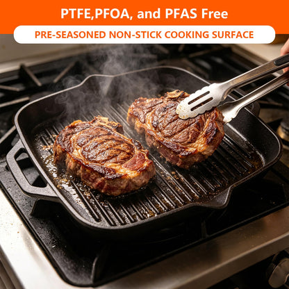 11" Cast Iron Square Grill Pan, Pre-Seasoned Griddle with Handles, Heavy Duty Skillet Griddle Replacement Part for Stovetop, BBQ & Campfire, Indoor & Outdoor Cooking
