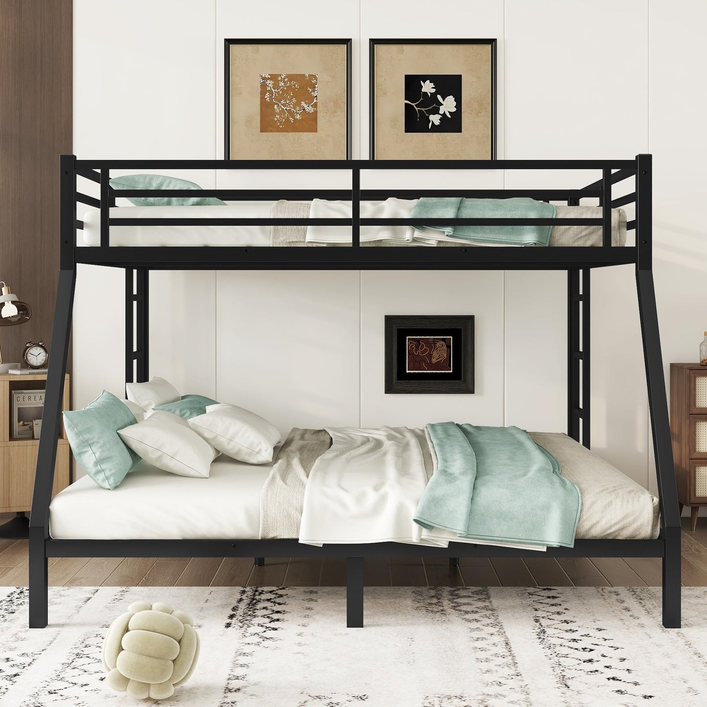 Bellemave Queen Over King Bunk Bed for Adults, Queen Over King Bunk Beds Frame with 2 Side Ladder and Full Length Guardrail, Easy Assemble Bunkbeds, Noise Reduced, Mattress Not Included, Black